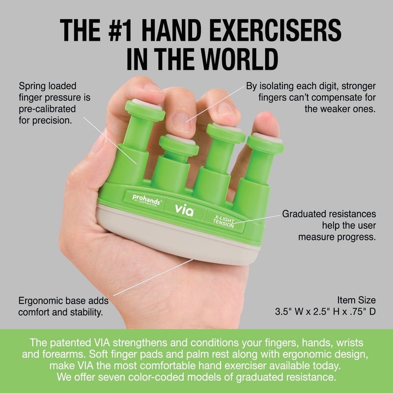 Prohands VIA Hand Exerciser, Finger Exerciser (Hand Grip Strengthener), Spring-Loaded, Finger-Piston System, Isolate and Exercise Each Finger, (2 lb X-Light Tension, Green-Via) - Image 4